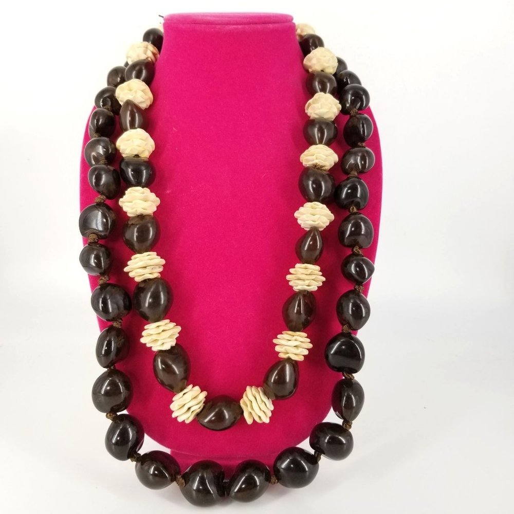 Hawaiian Glass Wood Carved Bead Nut Long Necklace Lei Set Pair 14" 16" Brown